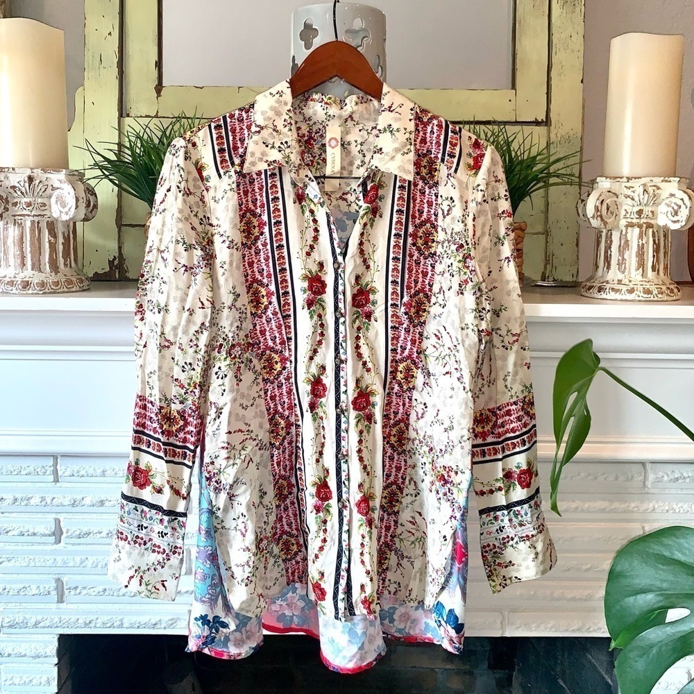 Anthropologie Cyrena Mixed Floral Print High Lo Button Down Linen Blend Top SM